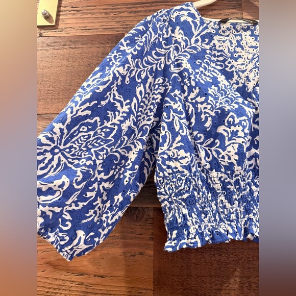 Zara Blue and White Eyelet Floral Blouse with Puff Sleeves - Picture 5 of 7